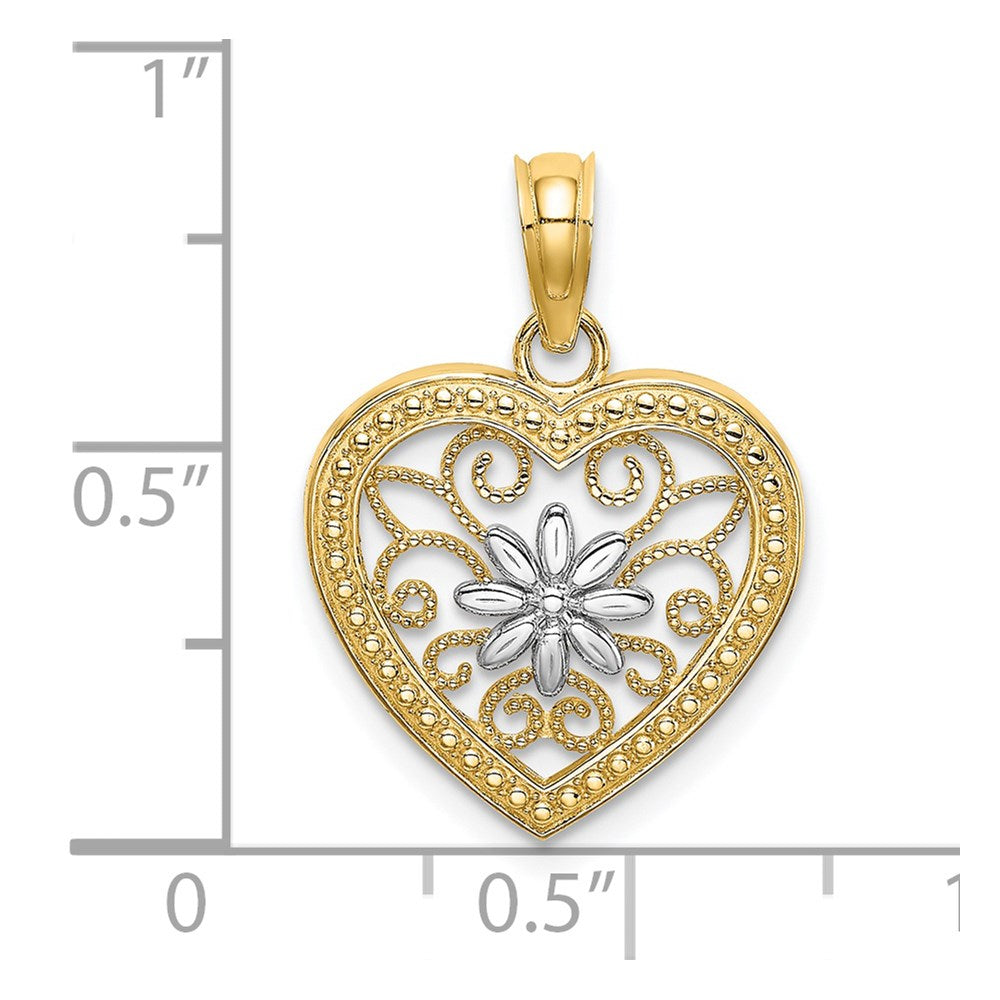 14K Gelb & Rhodium mit Strukturiert Herz Blume Filigran Charm