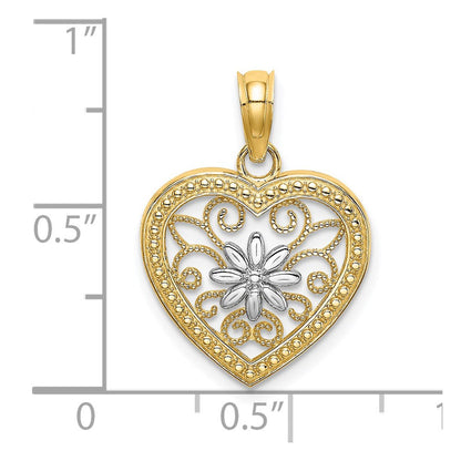 14K Gelb & Rhodium mit Strukturiert Herz Blume Filigran Charm