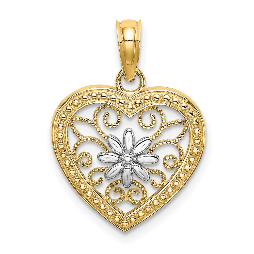 14K Gelb & Rhodium mit Strukturiert Herz Blume Filigran Charm