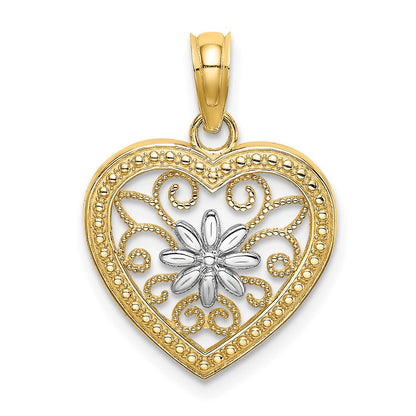 14K Gelb & Rhodium mit Strukturiert Herz Blume Filigran Charm