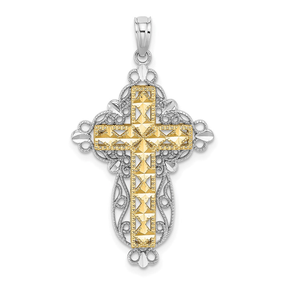 14K Bicolor-Gold D/C Filigran-Kreuz-Charm