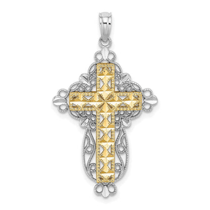 14K Bicolor-Gold D/C Filigran-Kreuz-Charm