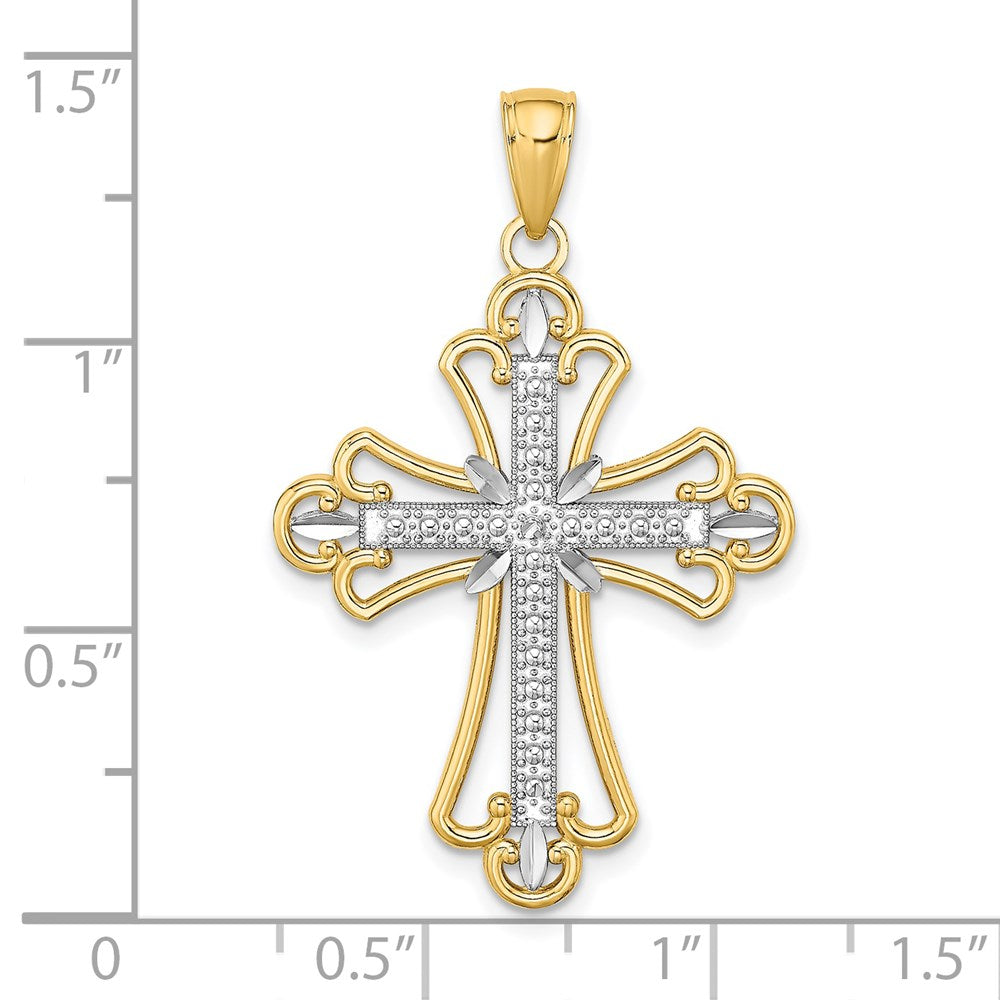 14K Gelb- und Rhodiumgold Charm mit rhodiniertem, strukturiertem Blockkreuz