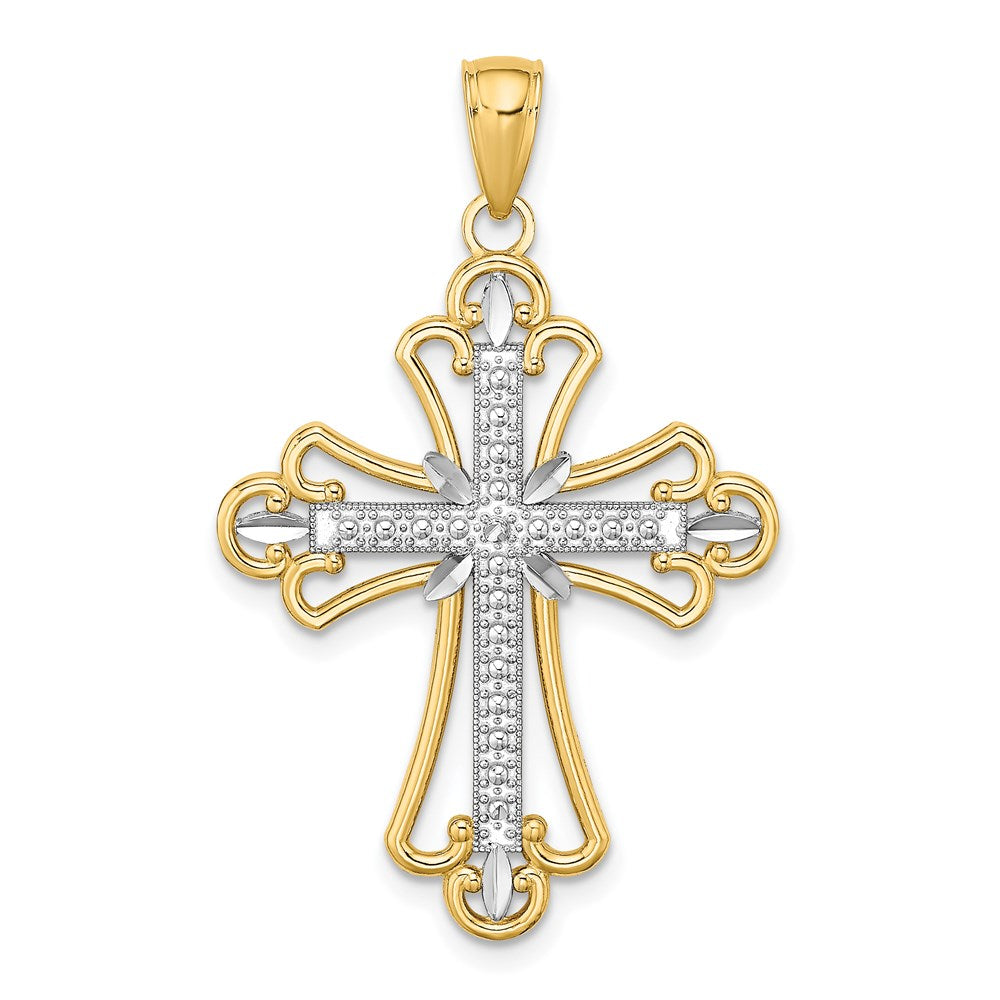 14K Gelb- und Rhodiumgold Charm mit rhodiniertem, strukturiertem Blockkreuz
