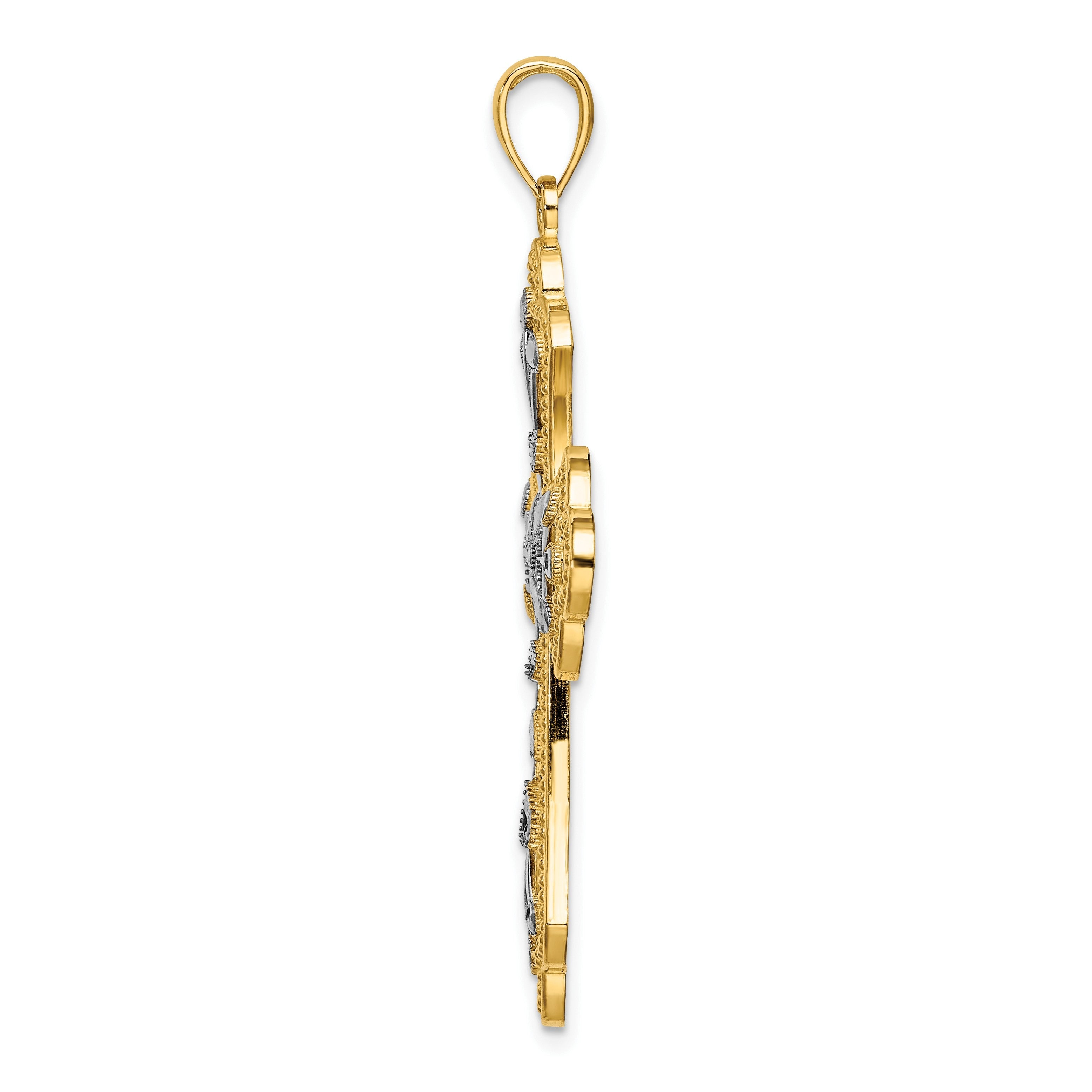14K Gelb- und Rhodiumgold-Charm mit Rhodium, diamantierten Blättern und perliertem Kreuz