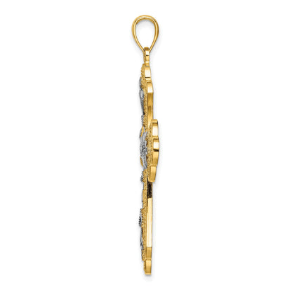 14K Gelb- und Rhodiumgold-Charm mit Rhodium, diamantierten Blättern und perliertem Kreuz