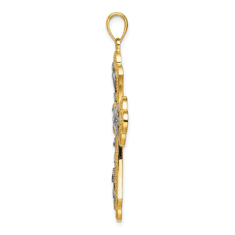 14K Gelb- und Rhodiumgold-Charm mit Rhodium, diamantierten Blättern und perliertem Kreuz