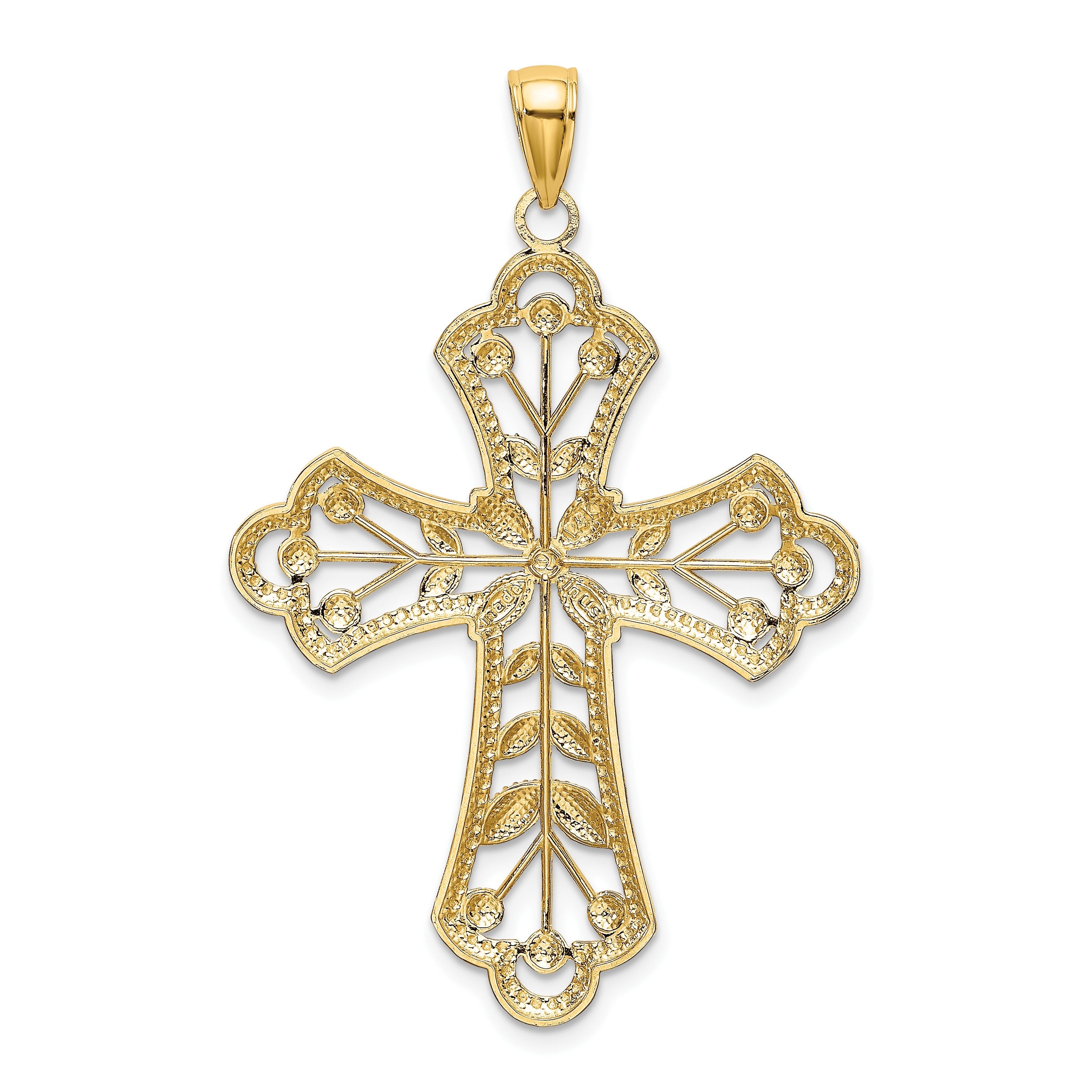 14K Gelb- und Rhodiumgold-Charm mit Rhodium, diamantierten Blättern und perliertem Kreuz