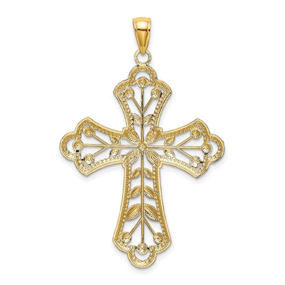 14K Gelb- und Rhodiumgold-Charm mit Rhodium, diamantierten Blättern und perliertem Kreuz