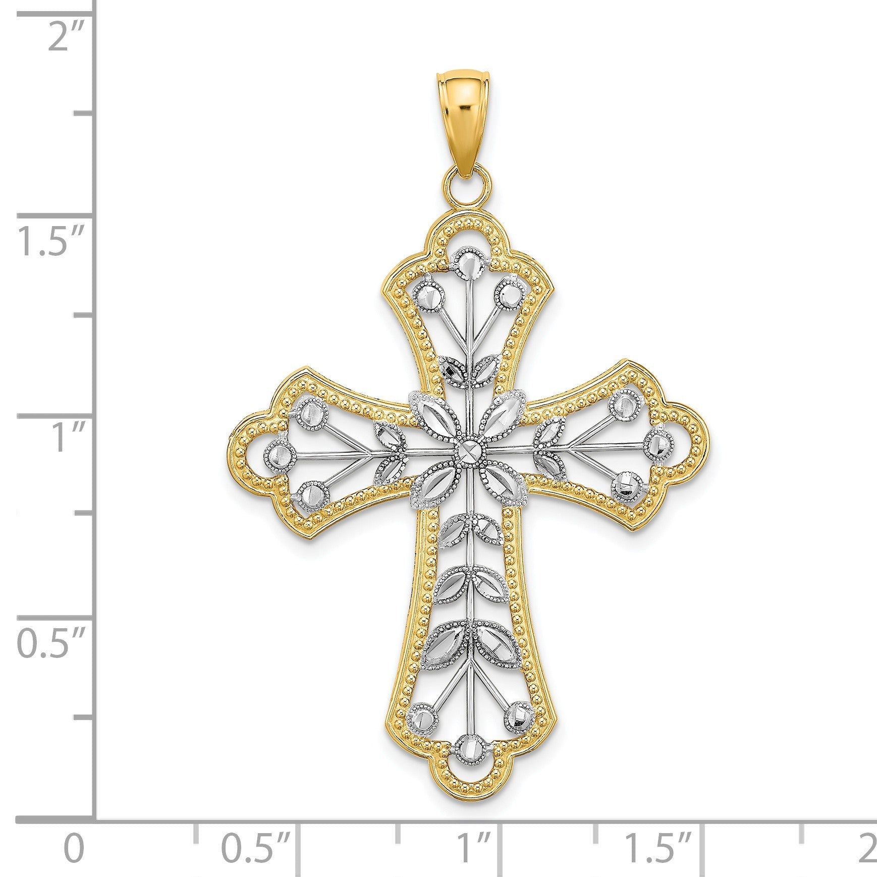 14K Gelb- und Rhodiumgold-Charm mit Rhodium, diamantierten Blättern und perliertem Kreuz