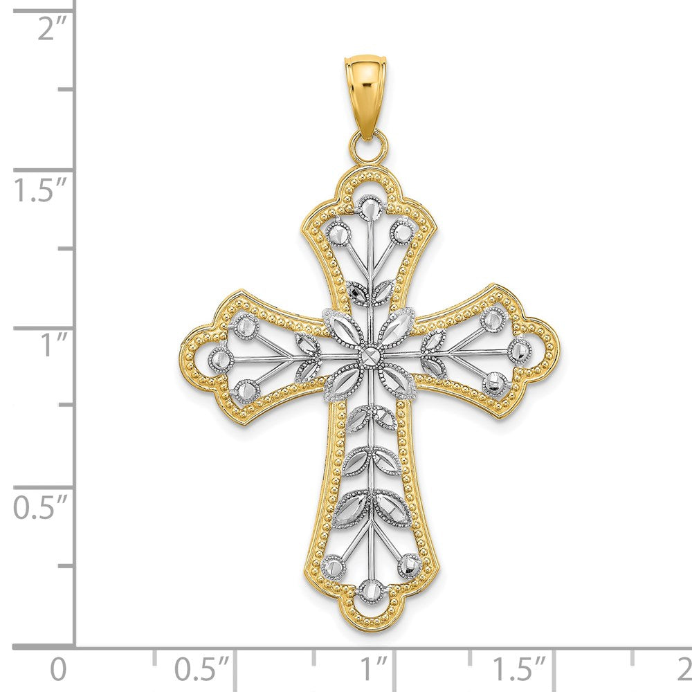 14K Gelb- und Rhodiumgold-Charm mit Rhodium, diamantierten Blättern und perliertem Kreuz
