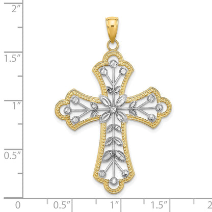 14K Gelb- und Rhodiumgold-Charm mit Rhodium, diamantierten Blättern und perliertem Kreuz