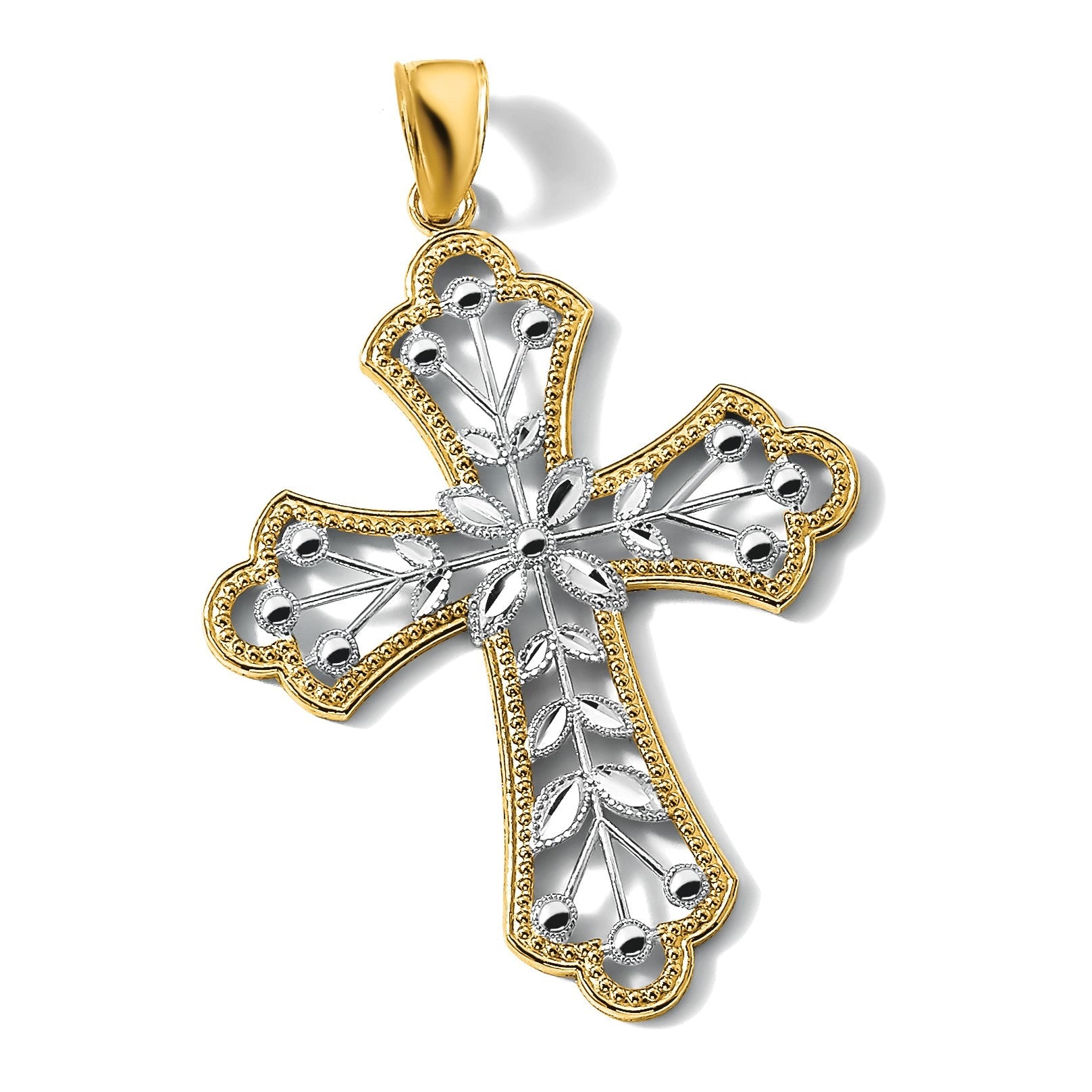 14K Gelb- und Rhodiumgold-Charm mit Rhodium, diamantierten Blättern und perliertem Kreuz