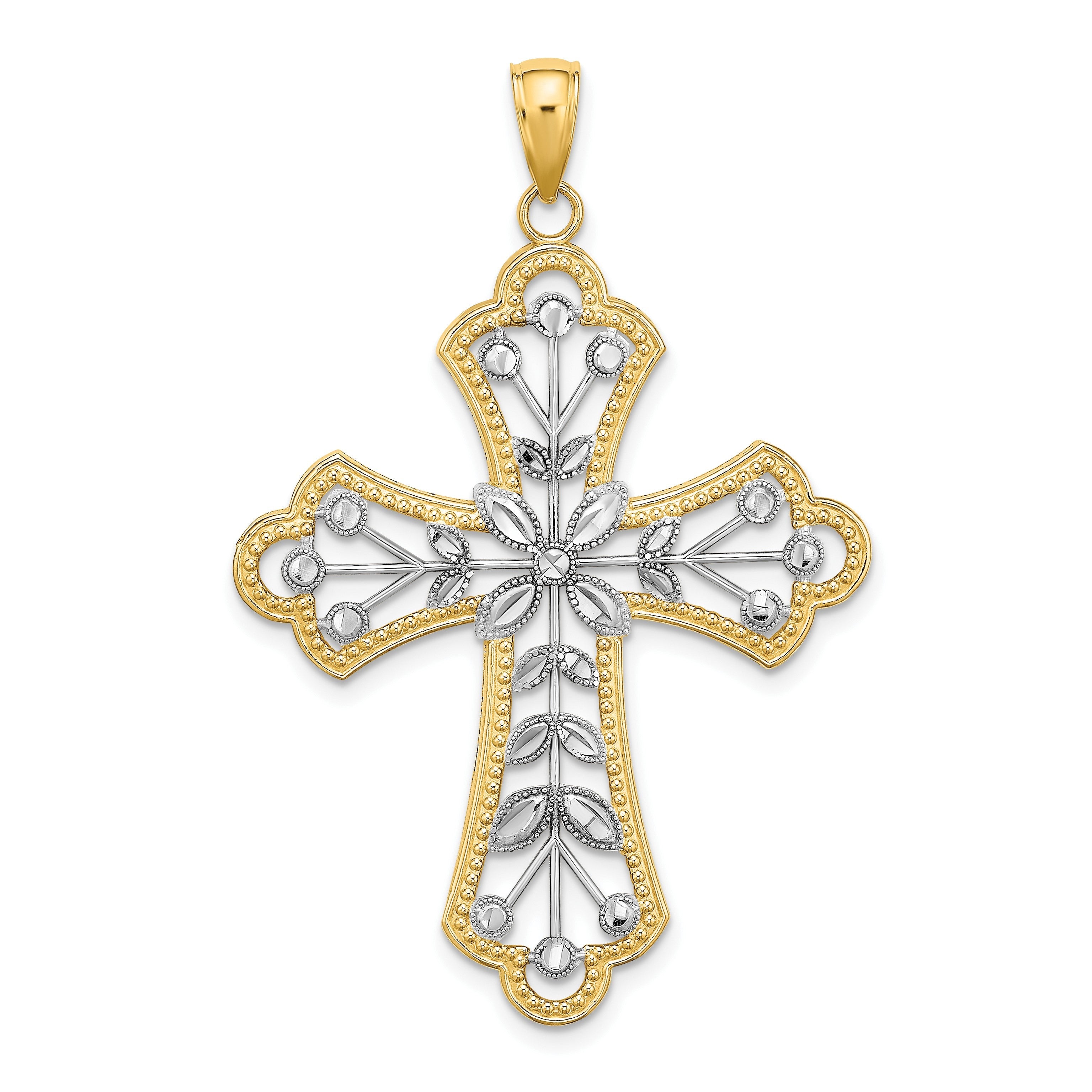 14K Gelb- und Rhodiumgold-Charm mit Rhodium, diamantierten Blättern und perliertem Kreuz