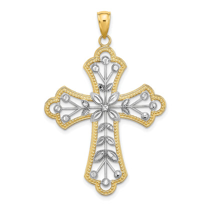 14K Gelb- und Rhodiumgold-Charm mit Rhodium, diamantierten Blättern und perliertem Kreuz
