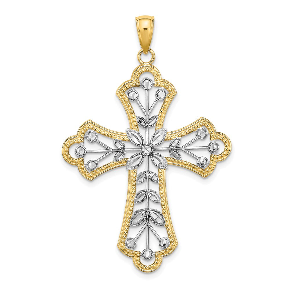 14K Gelb- und Rhodiumgold-Charm mit Rhodium, diamantierten Blättern und perliertem Kreuz