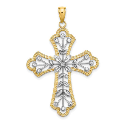 14K Gelb- und Rhodiumgold-Charm mit Rhodium, diamantierten Blättern und perliertem Kreuz