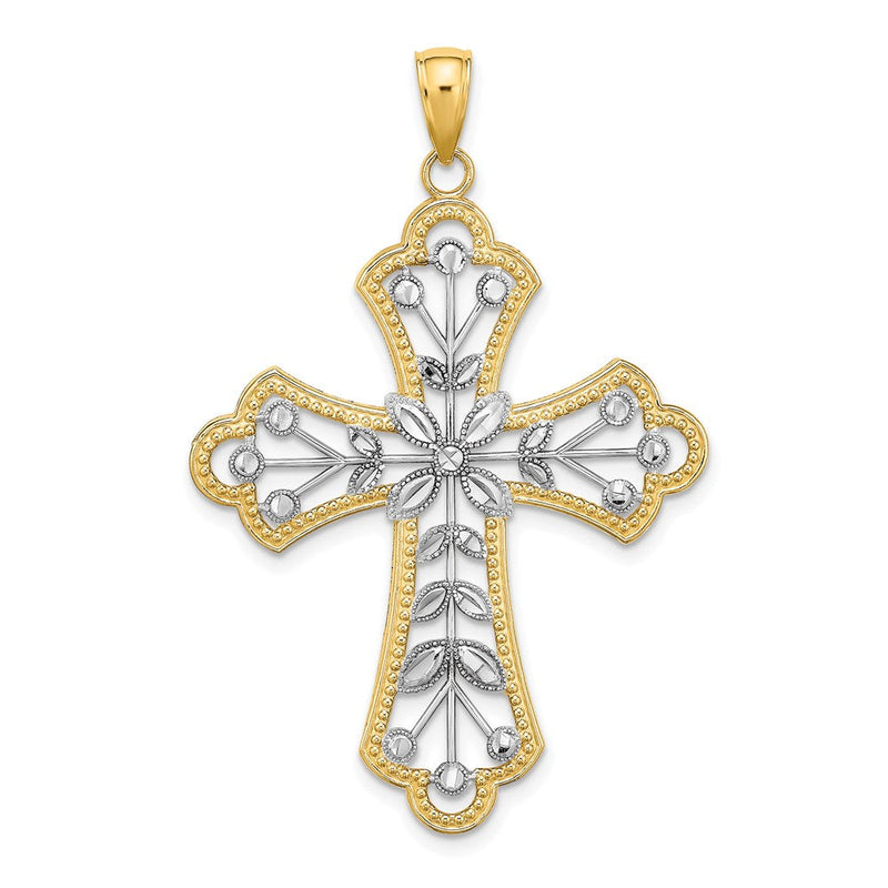 14K Gelb- und Rhodiumgold-Charm mit Rhodium, diamantierten Blättern und perliertem Kreuz