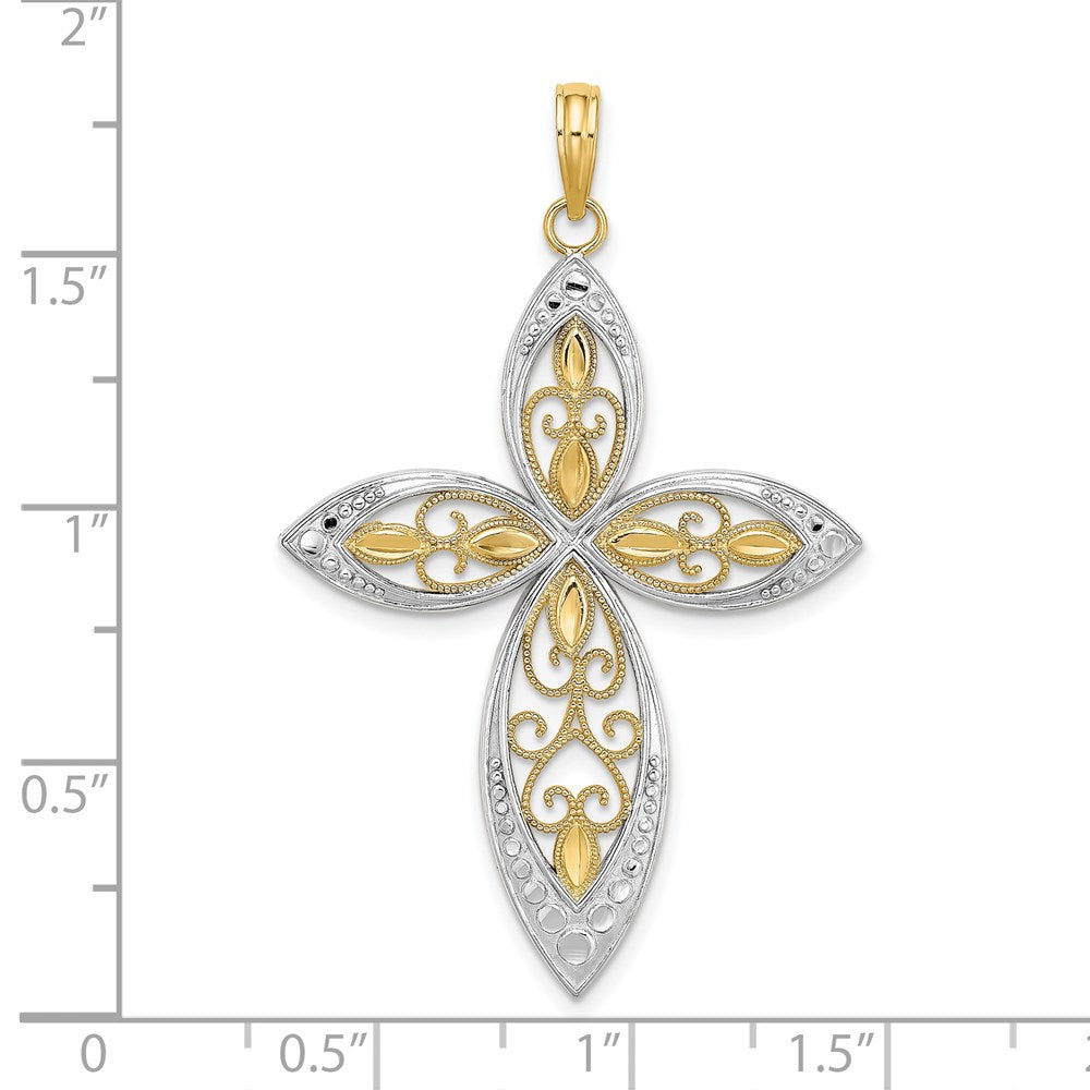 14 Karat Gelbgold und Roségold mit Rhodium, perlenbesetzter Filigran-Kreuz-Charm