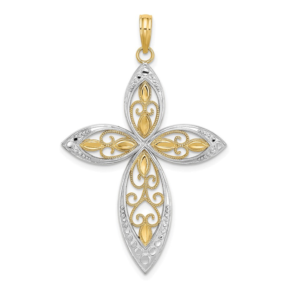 14 Karat Gelbgold und Roségold mit Rhodium, perlenbesetzter Filigran-Kreuz-Charm