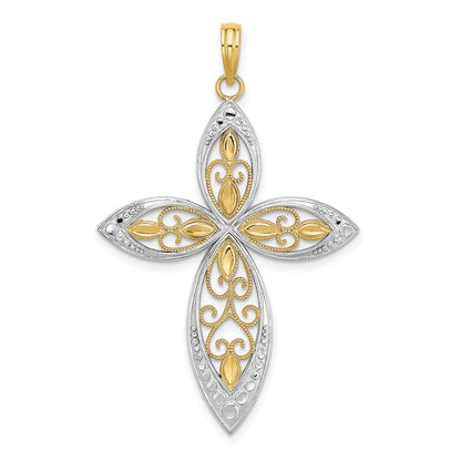 14 Karat Gelbgold und Roségold mit Rhodium, perlenbesetzter Filigran-Kreuz-Charm
