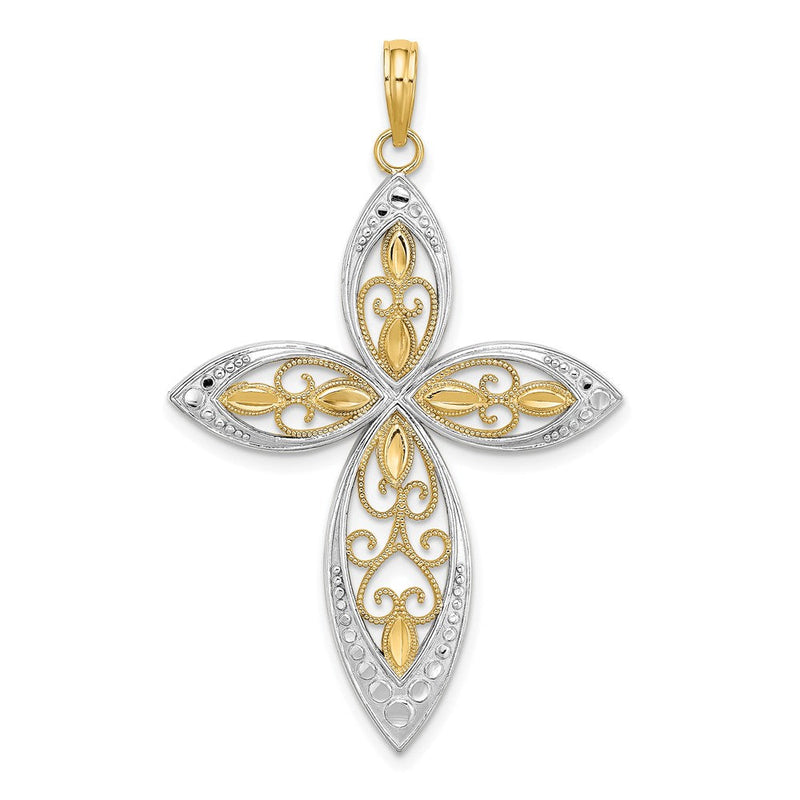 14 Karat Gelbgold und Roségold mit Rhodium, perlenbesetzter Filigran-Kreuz-Charm
