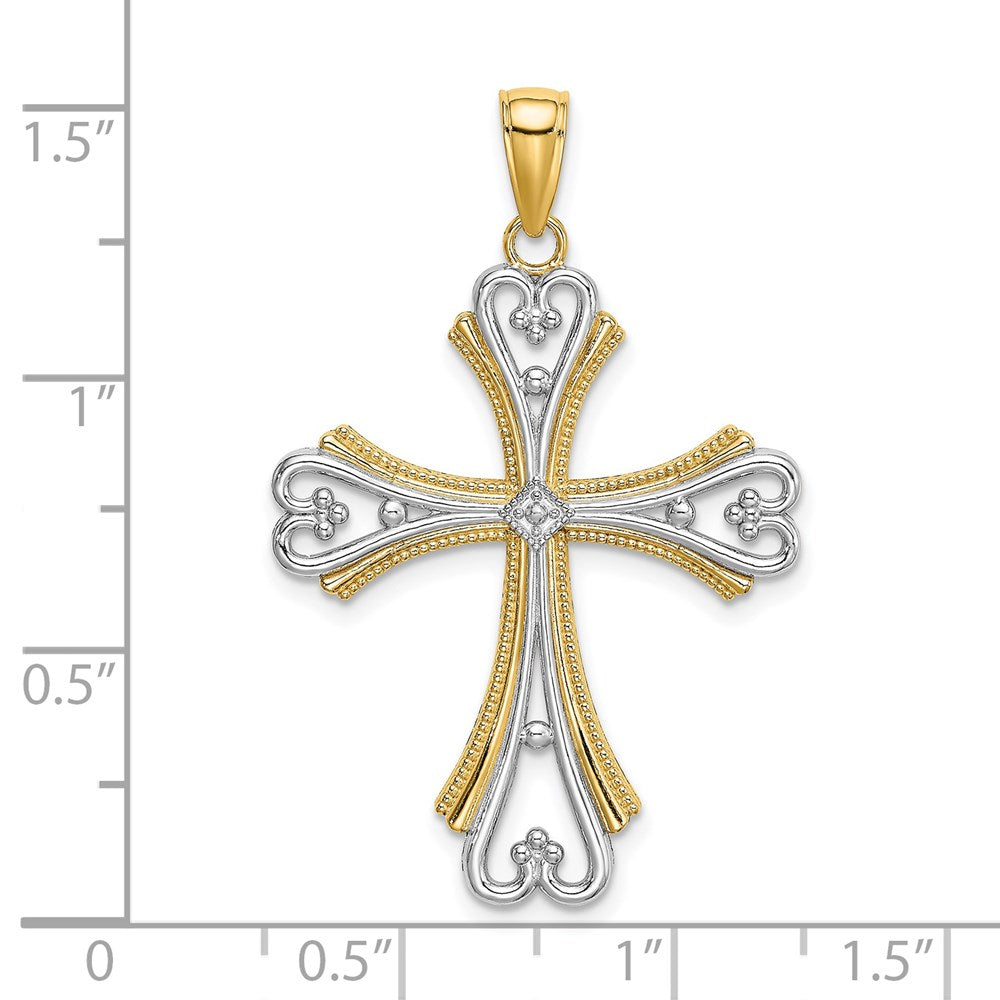 14K Gelb- und Rhodiumgold Herzkreuz-Charm mit Rhodium-Perlen