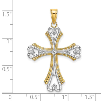 14K Gelb- und Rhodiumgold Herzkreuz-Charm mit Rhodium-Perlen