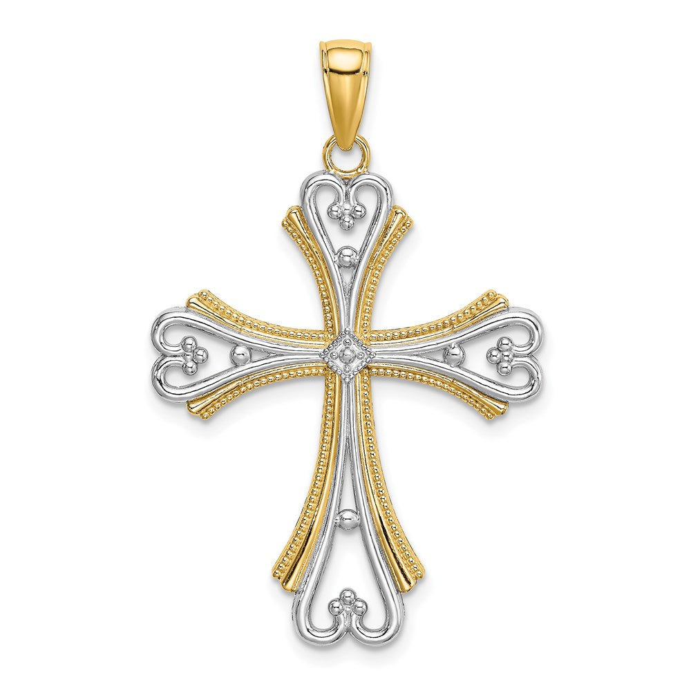 14K Gelb- und Rhodiumgold Herzkreuz-Charm mit Rhodium-Perlen