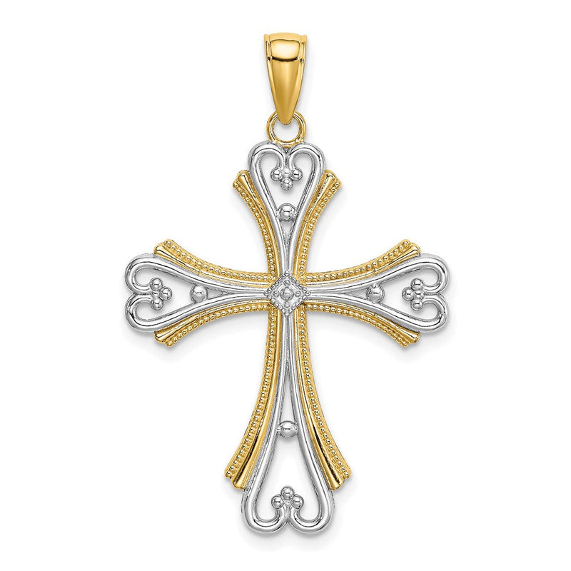 14K Gelb- und Rhodiumgold Herzkreuz-Charm mit Rhodium-Perlen