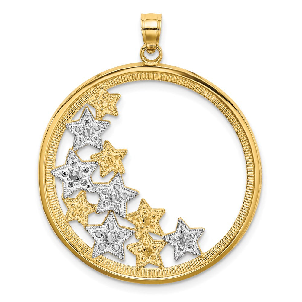 14K Gelb- und Rhodiumgold-Charm mit Rhodium-Sternen in rundem Rahmen