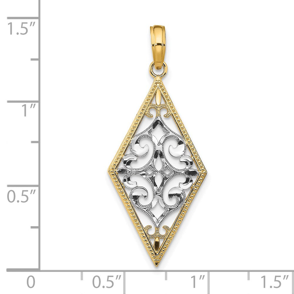 14K Gelb- und Rhodiumgold mit Rhodium, Diamantform-Cut-Out-Filigran-Charm