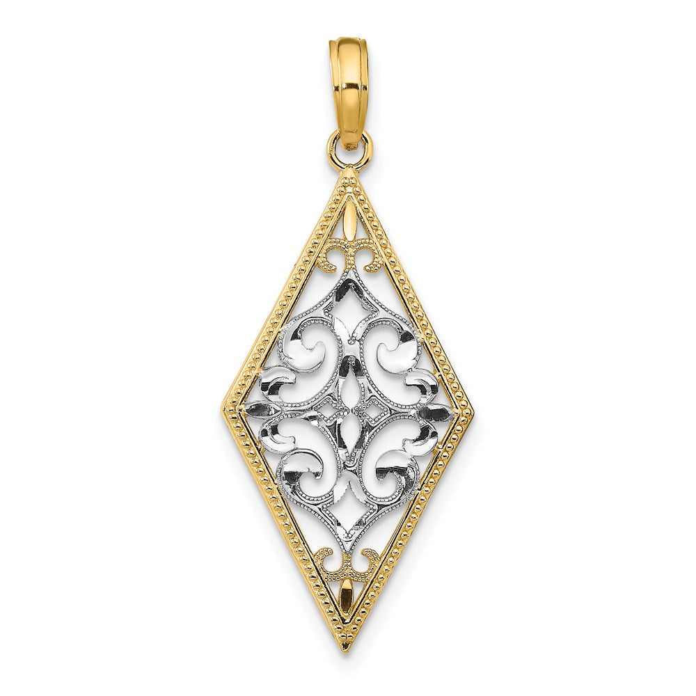 14K Gelb- und Rhodiumgold mit Rhodium, Diamantform-Cut-Out-Filigran-Charm