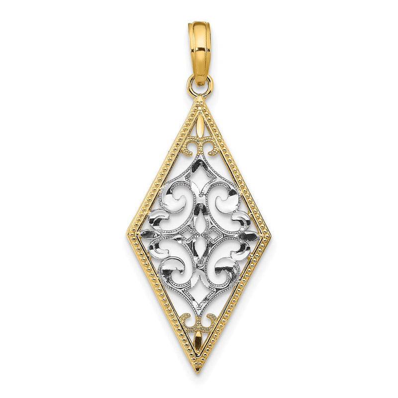 14K Gelb- und Rhodiumgold mit Rhodium, Diamantform-Cut-Out-Filigran-Charm