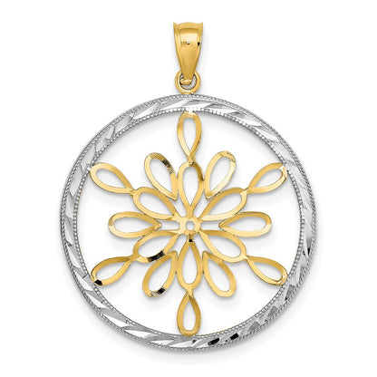 14K Gelb- und Rhodiumgold Kreis-Schneeflocken-Charm mit Rhodium, diamantiert
