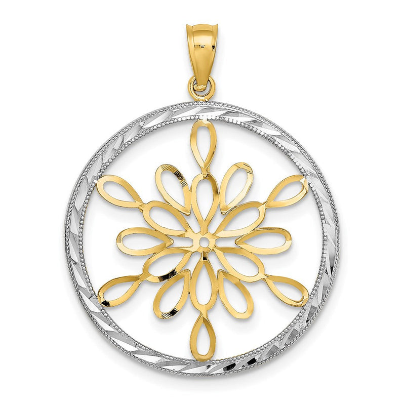 14K Gelb- und Rhodiumgold Kreis-Schneeflocken-Charm mit Rhodium, diamantiert