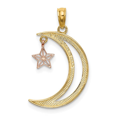 14K Bicolor mit Weiß Rhodium Mond mit Stern Beweglich Charm