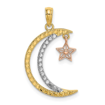 14K Bicolor mit Weiß Rhodium Mond mit Stern Beweglich Charm