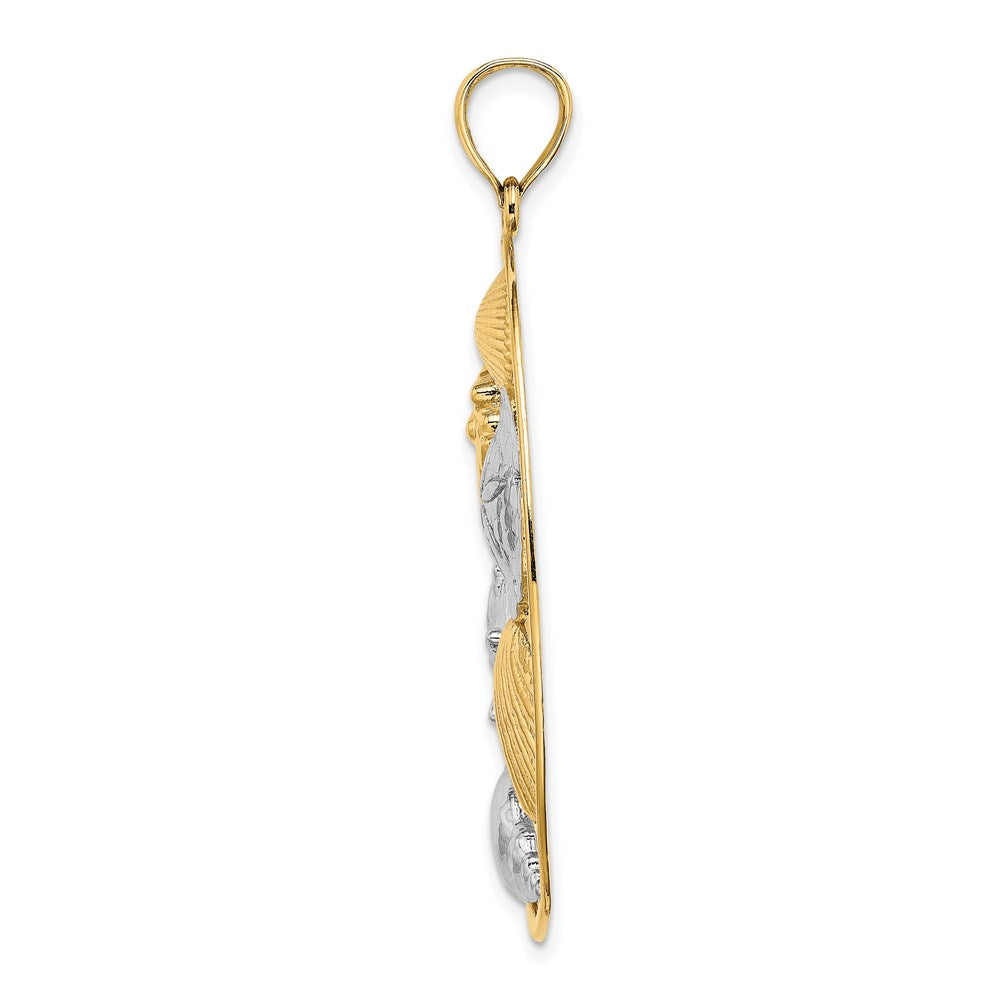 14K Gelb- und Rhodiumgold Charm mit Muschel-Cluster in Weißrhodium in ovalem Rahmen