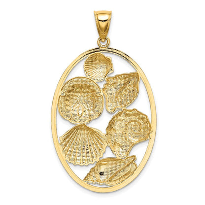 14K Gelb- und Rhodiumgold Charm mit Muschel-Cluster in Weißrhodium in ovalem Rahmen