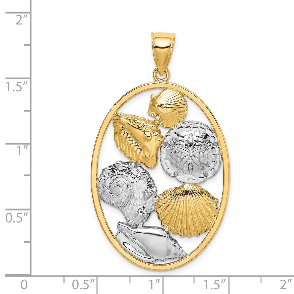 14K Gelb- und Rhodiumgold Charm mit Muschel-Cluster in Weißrhodium in ovalem Rahmen