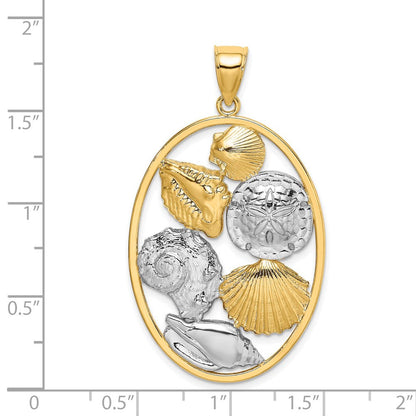 14K Gelb- und Rhodiumgold Charm mit Muschel-Cluster in Weißrhodium in ovalem Rahmen