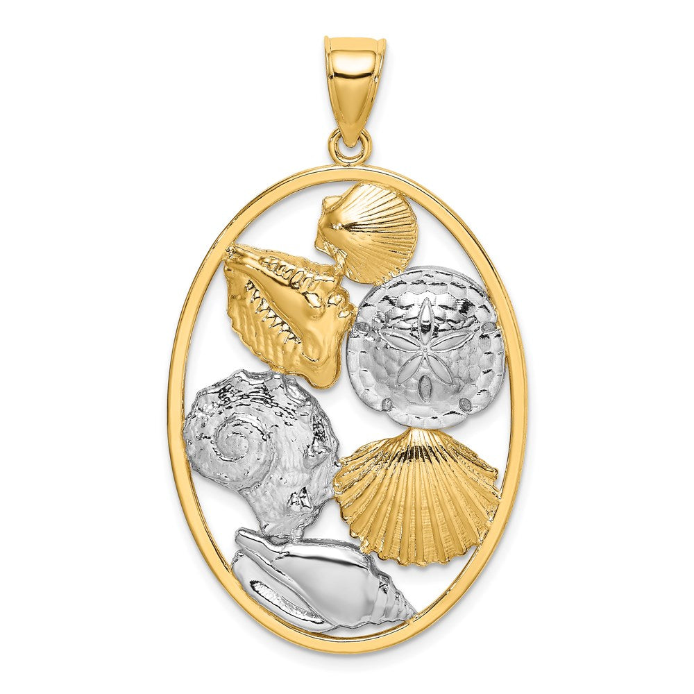 14K Gelb- und Rhodiumgold Charm mit Muschel-Cluster in Weißrhodium in ovalem Rahmen
