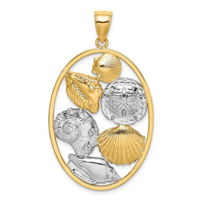 14K Gelb- und Rhodiumgold Charm mit Muschel-Cluster in Weißrhodium in ovalem Rahmen