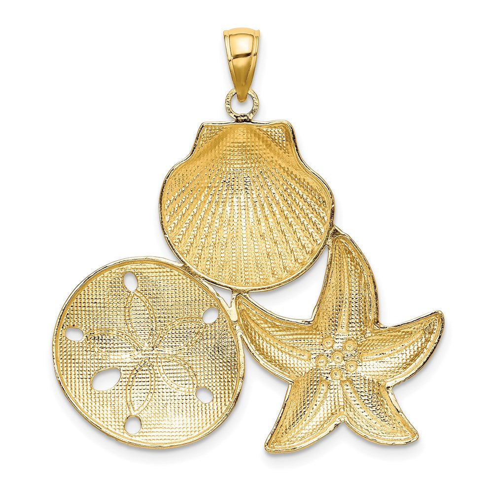 14K Gelbgold und Rhodium mit Weißrhodium Muschel-Seestern- und Sanddollar-Charm