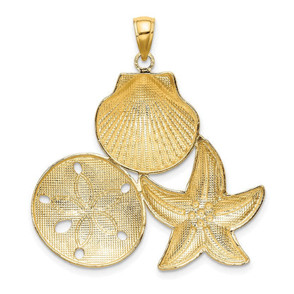 14K Gelbgold und Rhodium mit Weißrhodium Muschel-Seestern- und Sanddollar-Charm