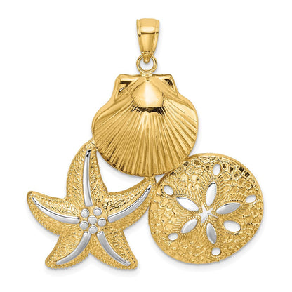 14K Gelbgold und Rhodium mit Weißrhodium Muschel-Seestern- und Sanddollar-Charm