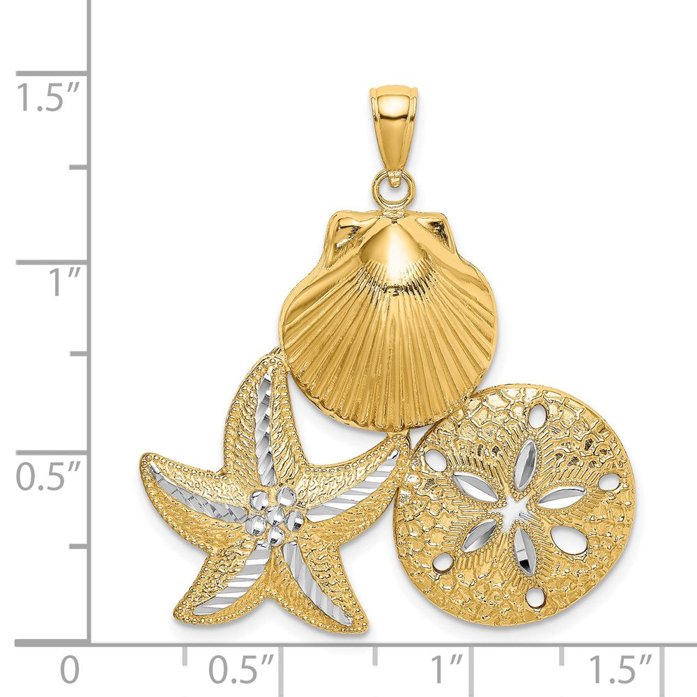 14K Gelb- & Rhodiumgold Diamantschliff Muschel-Seestern-Sanddollar-Charm mit Weißrhod