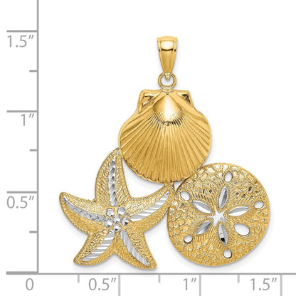 14K Gelb- & Rhodiumgold Diamantschliff Muschel-Seestern-Sanddollar-Charm mit Weißrhod