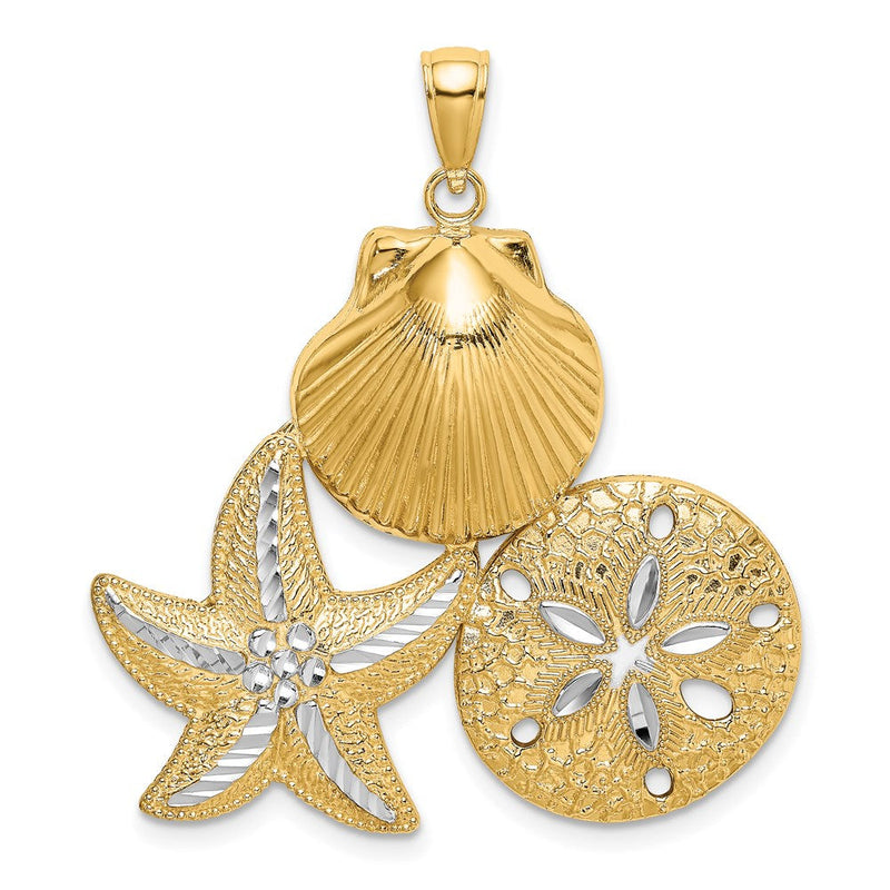 14K Gelb- & Rhodiumgold Diamantschliff Muschel-Seestern-Sanddollar-Charm mit Weißrhod